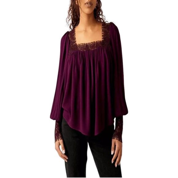 Free People Flutter Lace Blouse Potent Purple Pullover Boho Romantic X-Small NEW - Picture 1 of 15